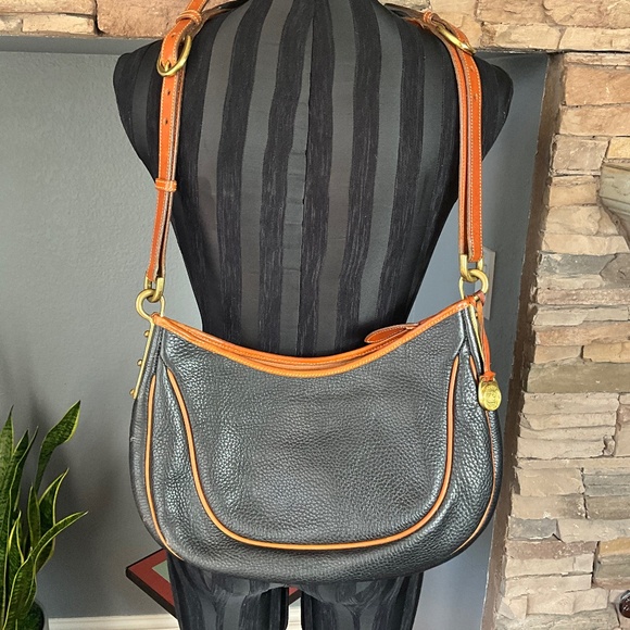 VTG 80s Dooney & Bourke Authentic Leather DB Fob Crescent Hobo Bag Black Tan OS - Picture 6 of 16